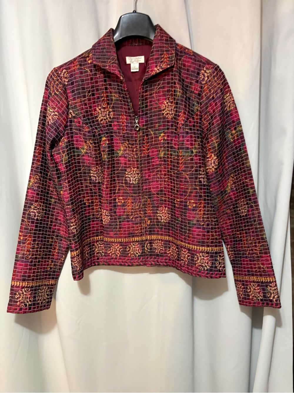 Christopher & Banks Burgundy Floral Zip-Front Long Sleeve Top